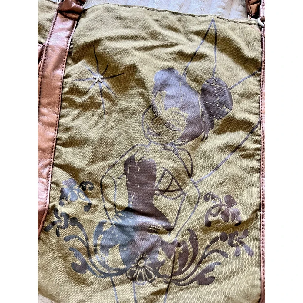 Women's Vintage Disney Tinkerbell Distressed Green Bag Faux Leather Handles